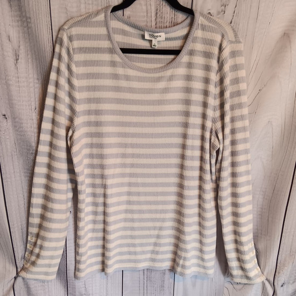 Haven Well Within | Blue & White Striped Ribbed Soft Touch Button-Cuff Top - Picture 2 of 8